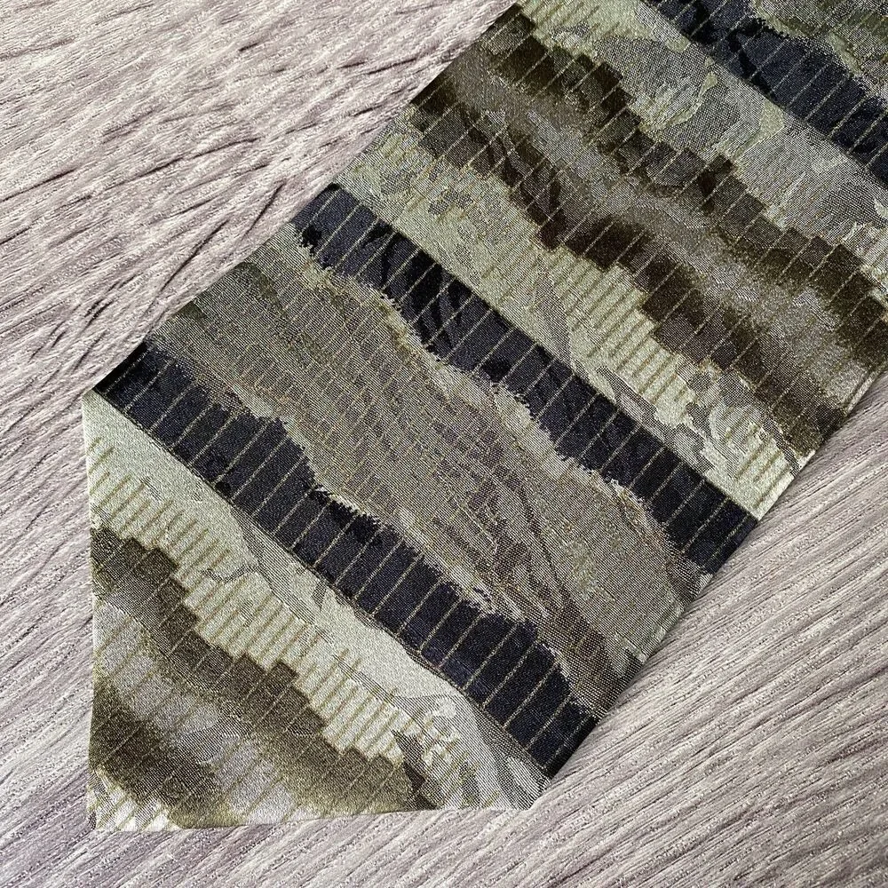 J. Ferrar Men's Necktie Silk Green Olive Artsy Abstract Satin Made in USA 56 x 4